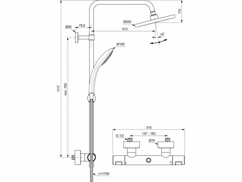 Душ система с термостатен смесител черен мат Ceratherm 25 A7545XG Ideal Standard