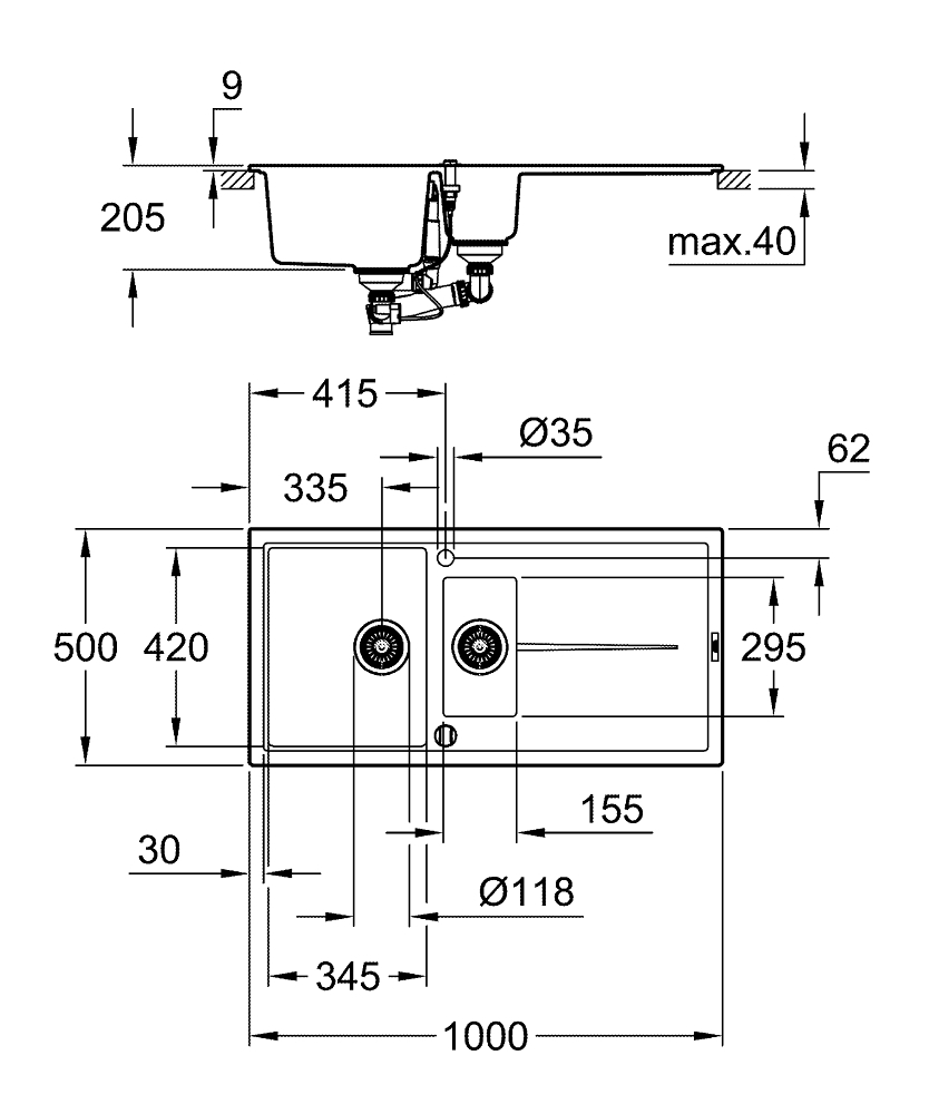 GROHE Кухненска мивка композитна за вграждане с 1,5 корита и плот черен гранит К400 31642AP0