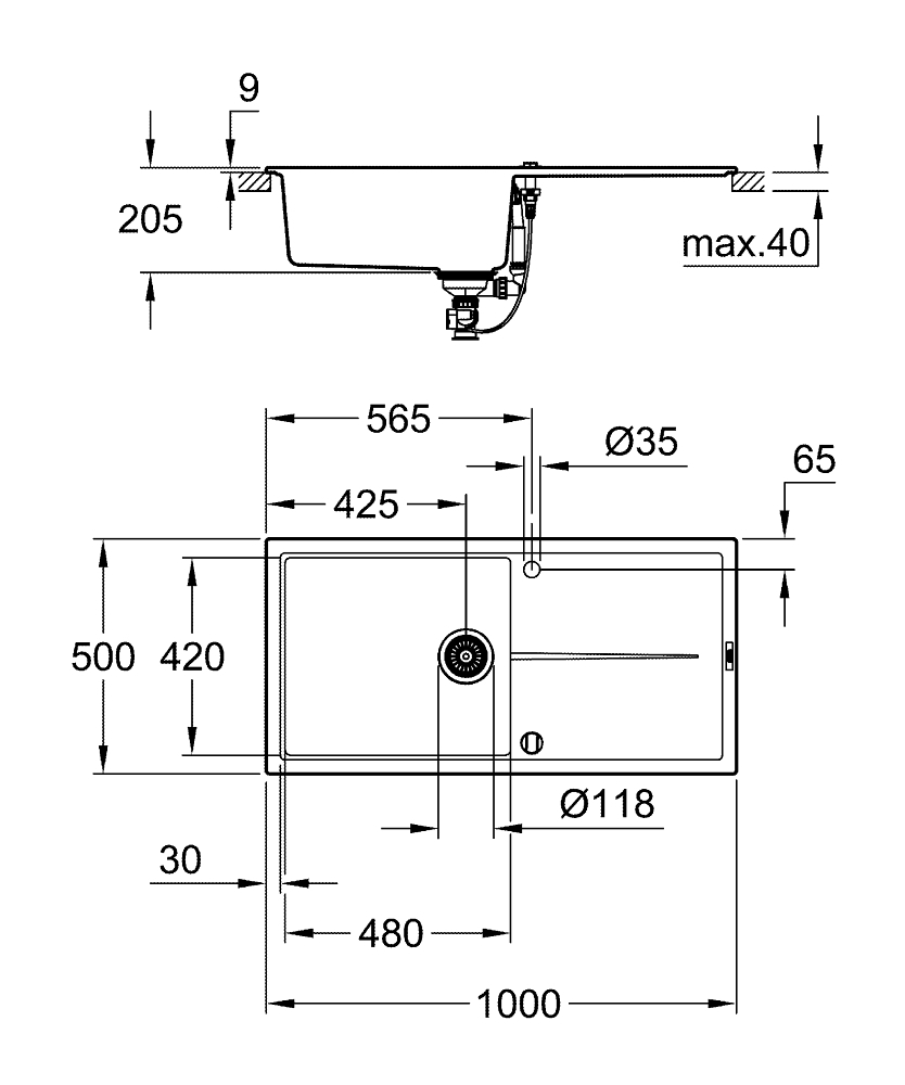 GROHE Кухненска мивка композитна за вграждане с едно корито и плот черен гранит К400 31641AP0