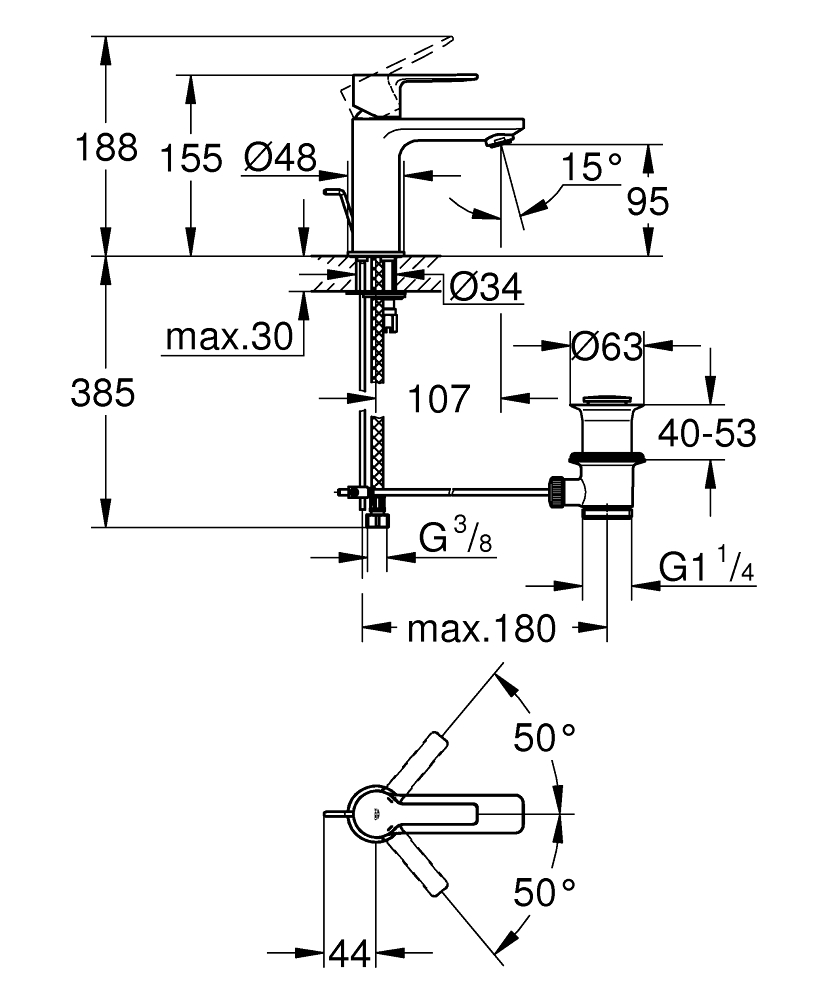 GROHE Смесител за умивалник едноръкохватков XS - размер  LINEARE 32109001