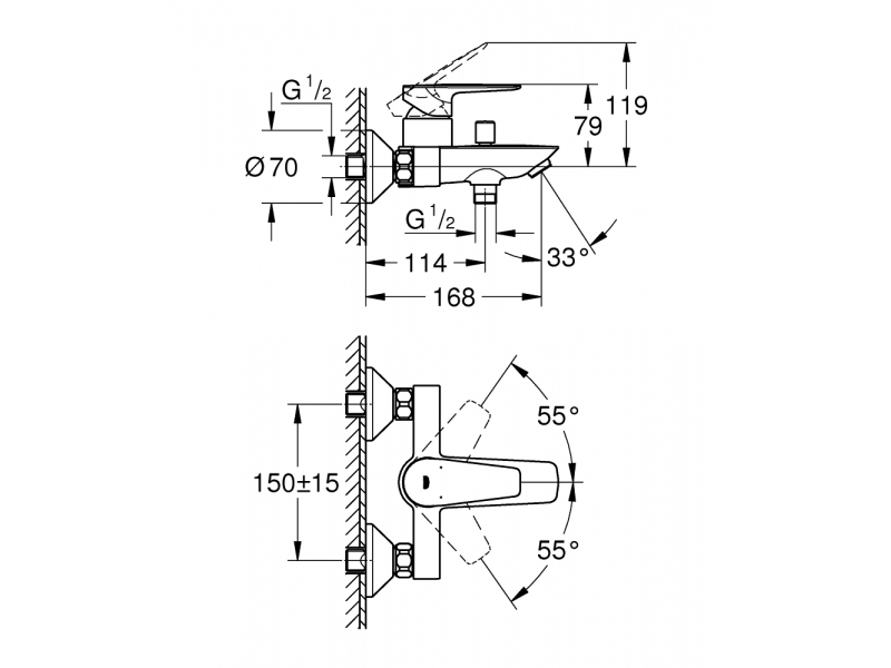 GROHE Смесител за вана/душ 1/2", едноръкохватков, BAUEDGE 23604001