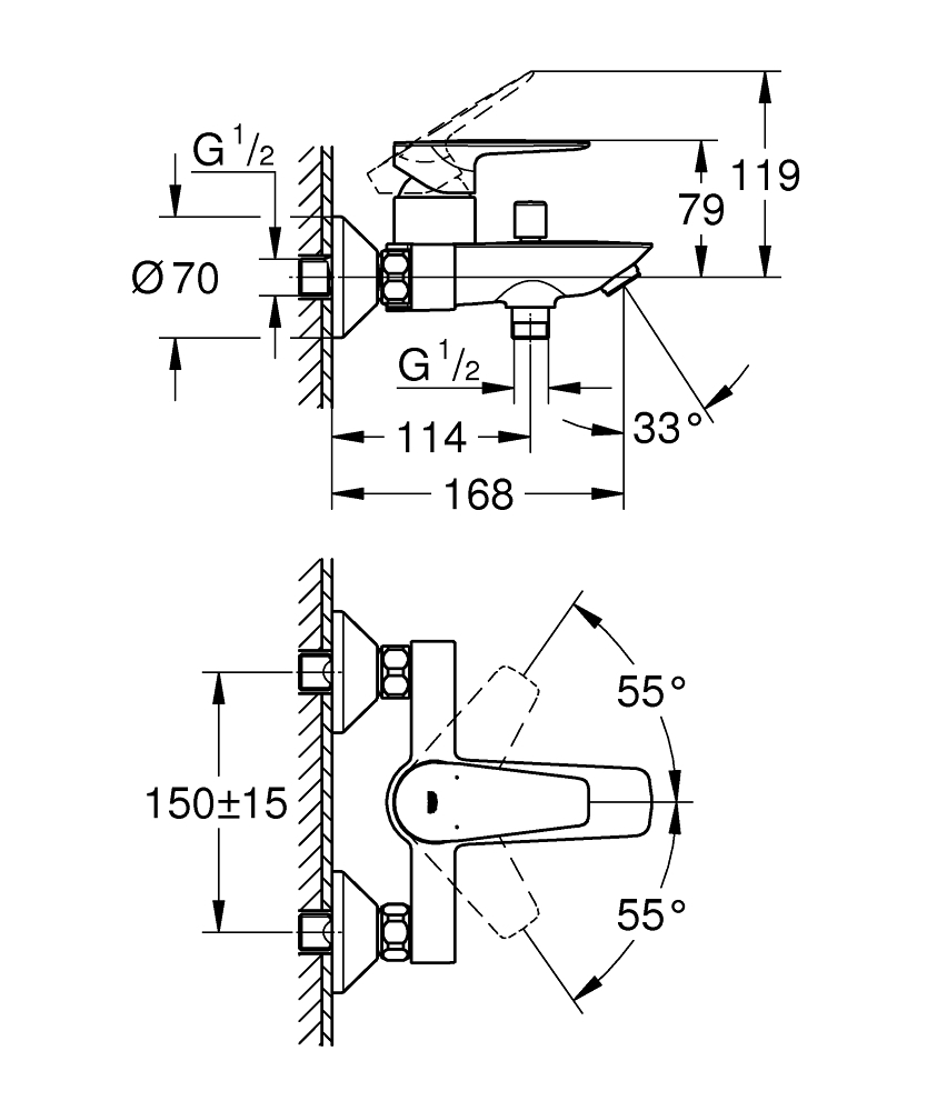 GROHE Смесител за вана/душ 1/2", едноръкохватков, BAUEDGE 23604001