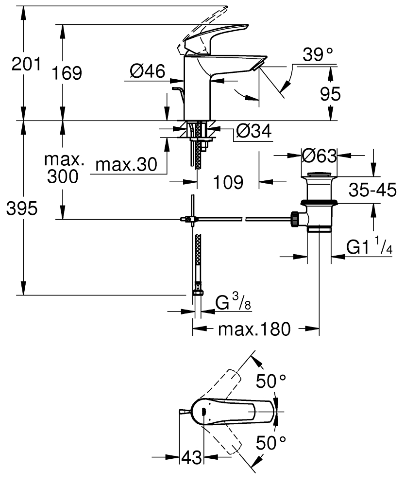 GROHE Смесител за умивалник, S-размер, с изпразнител EUROSMART 33265003