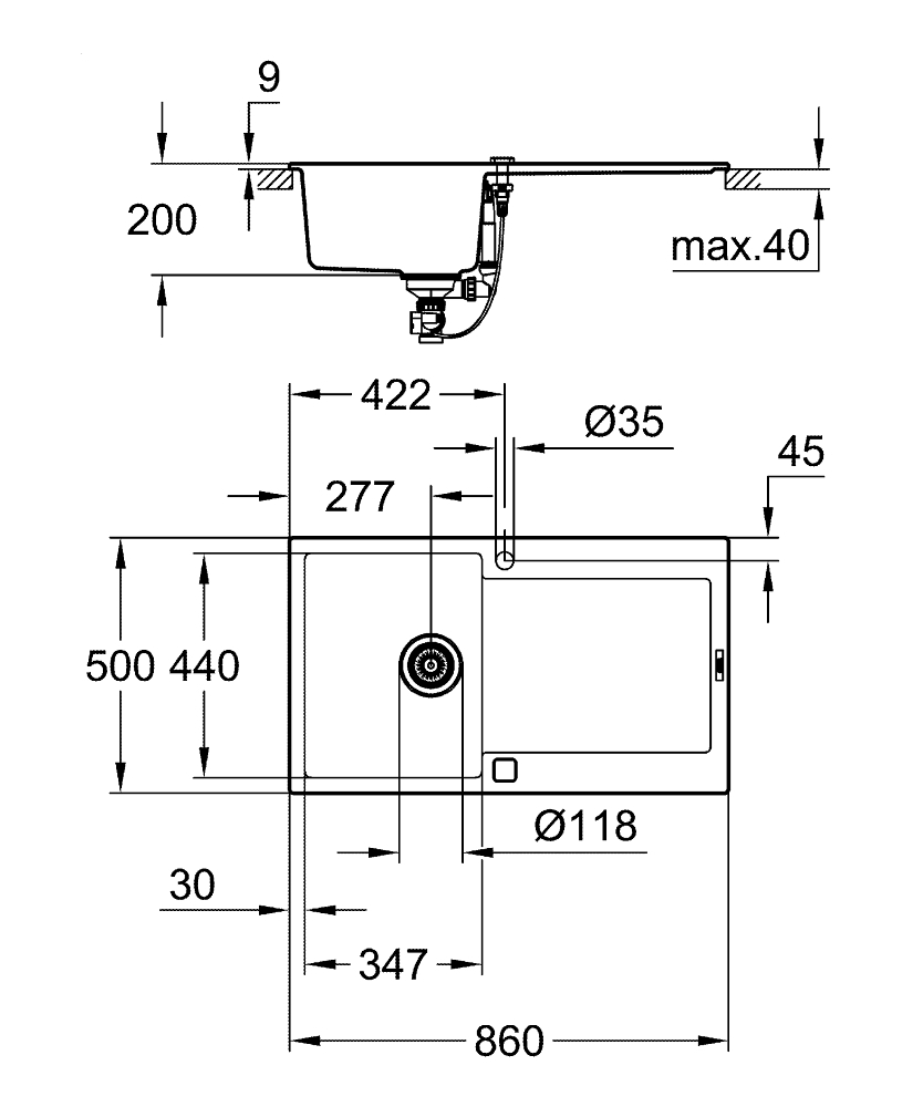 GROHE Кухненска мивка композитна 1 коритo и отцедник (плот) черен гранит K500 31644AP0