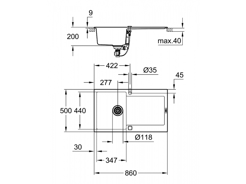 GROHE Кухненска мивка композитна 1 коритo и отцедник (плот) черен гранит K500 31644AP0