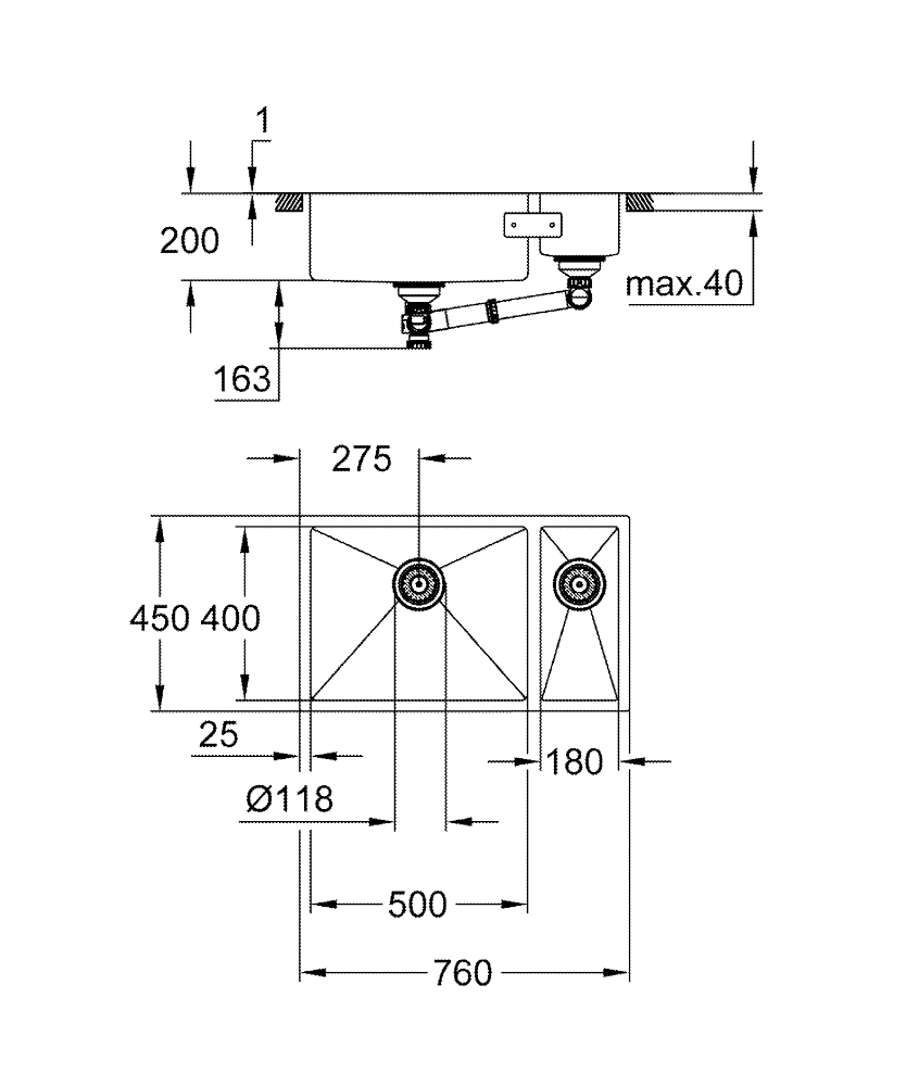 GROHE Кухненска мивка от неръждаема стомана с 1,5 корита K700 UNDERMOUNT 31575SD1